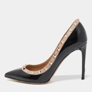 Pre Owned Valentino Black/Beige Leather and Patent  Rockstud  Pumps Size 38