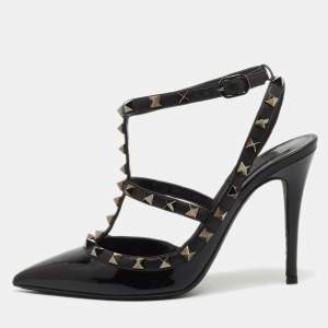 Pre Owned Valentino Black Patent and Leather Rockstud Caged Pumps Size 36