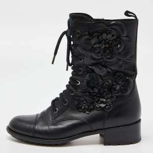 Pre Owned Valentino Black Leather Floral Applique Combat Boots Size 37.5