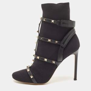 Pre Owned Valentino Black Knit Fabric and Leather Rockstud Boots Size 40