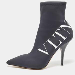 Pre Owned Valentino Black Black Nylon VLTN Pointed Toe Ankle Booties Size 40