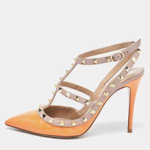 Pre Owned Valentino Orange Patent Leather Rockstud Strappy Pointed Toe Pumps Size 40