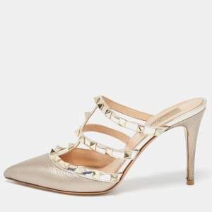 Pre Owned Valentino Metallic Leather Rockstud Slides Size 37 
