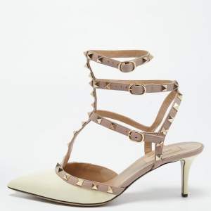 Pre Owned Valentino Pink/White Patent Leather Rockstud Strappy Pointed Toe Pumps Size 40
