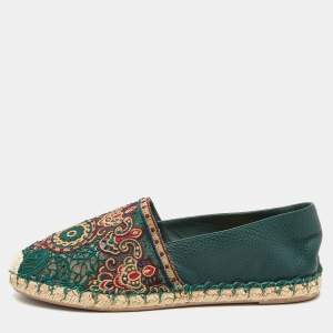 Pre Owned Valentino Green Leather and Lace Espadrille Flats Size 40