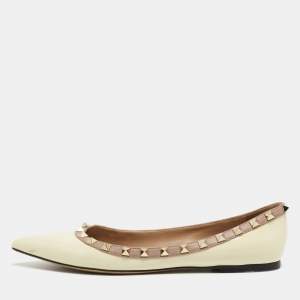 Pre Owned Valentino Cream Leather and Patent Rockstud Ballet Flats Size 38