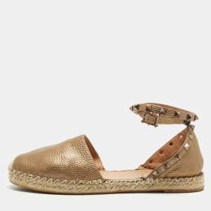 Pre Owned Valentino Metallic Brown Leather Rockstud Ankle Wrap Espadrille Flat Sandals Size 40