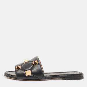 Pre Owned Valentino Black Leather Roman Stud Flat Slides Size 37.5