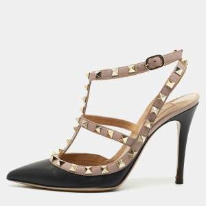 Pre Owned Valentino Black/Beige Leather Rockstud Strappy Pointed Toe Pumps Size 35.5
