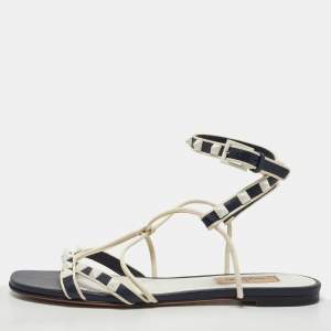 Pre Owned Valentino Navy Blue/White Leather Rockstud Ankle Strap Flat Sandals Size 36