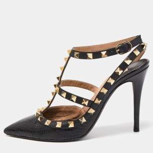 Pre Owned Valentino Black Snakeskin Rockstud Ankle Strap Pumps Size 37