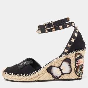 Pre Owned Valentino Black Canvas Rockstud Butterfly Applique Espadrille Wedge Pumps Size 39