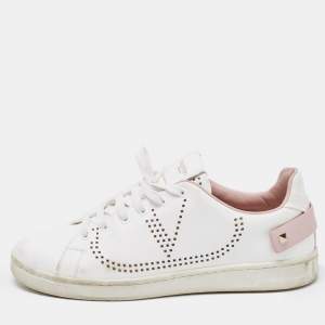 Pre Owned Valentino White/Pink Leather Backnet Sneakers Size 39
