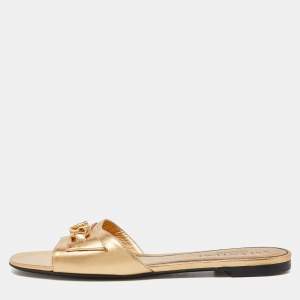 Pre Owned Valentino Gold Leather VLogo Flat Slides Size 38.5