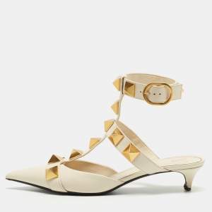 Pre Owned Valentino Cream Leather Roman Stud Ankle Strap Pumps Size 38.5