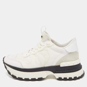 Pre Owned Valentino White Camo Print Leather and Canvas Rockrunner Platform Sneakers Size 38