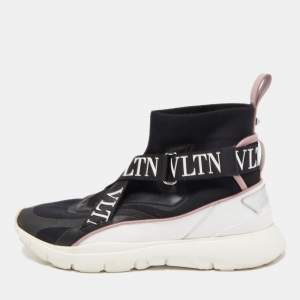 Pre Owned Valentino Black Knit Fabric and Leather VLTN High Top Sneakers Size 38