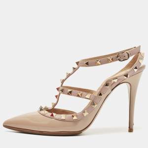 Pre Owned Valentino Beige Leather and Patent Leather Rockstud Pumps Size 39.5