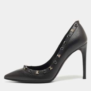 Pre Owned Valentino Black Leather Rolling Rockstud Pointed Toe Pumps Size 36