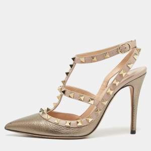 Valentino Metallic Olive Green/Beige Leather Rockstud Ankle Strap Pumps Size 35.5