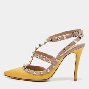 Pre Owned Valentino Yellow/Beige Leather Rockstud Strappy Pointed Toe Pumps Size 36.5