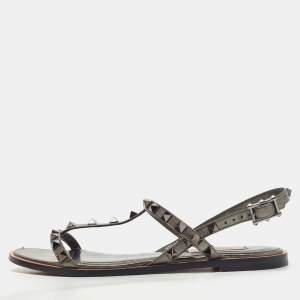 Pre Owned Valentino Metallic Leather Rockstud Ankle Strap Flat Sandals Size 37.5