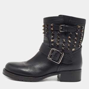 Pre Owned Valentino Black Leather Rockstud Ankle Boots Size 37
