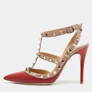 Pre Owned Valentino Red/Beige Leather Rockstud Pumps Size 36