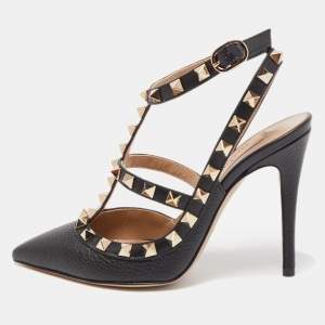 Pre Owned Valentino Black Grained Leather Rockstud Ankle Strap Pumps Size 34