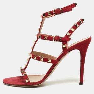 Pre Owned Valentino Red Suede Rockstud Ankle Strap Sandals Size 39