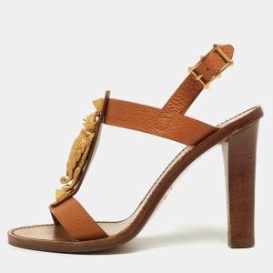Pre Owned Valentino Brown Leather T-strap Slingback Sandals Size 38