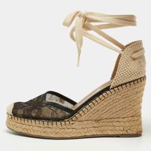 Pre Owned Valentino Black Lace and Mesh Wedge Pumps Size 39 