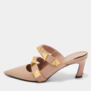 Pre Owned Valentino Pink Leather Roman Stud Pointed Toe Mules Size 37