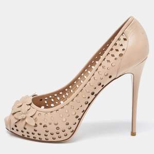 Pre Owned Valentino Beige Perforated Leather Floral Applique Peep Toe Pumps Size 40.5