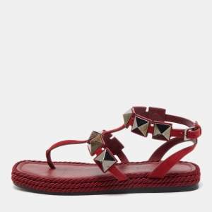 Pre Owned Valentino Dark Red Suede Roman Stud Espadrille Thong Sandals Size 37