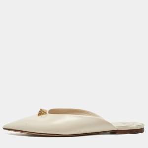 Pre Owned Valentino Cream Leather Roman Stud Flat Mules Size 38