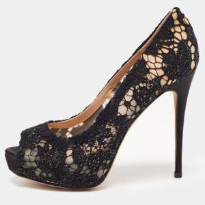 Pre Owned Valentino Black Crystal Embellished Lace Peep Toe Pumps Size 36