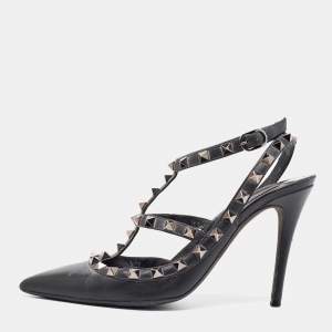 Pre Owned Valentino Black Leather Rockstud Ankle Strap Pumps Size 37.5