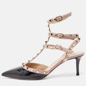 Pre Owned Valentino Black/Pink Patent And Leather Rockstud Ankle Strap Pumps Size 38