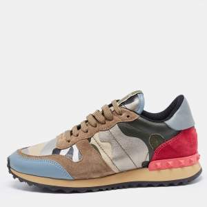 Pre Owned Valentino Multicolor Camo Print Leather and Canvas Rockrunner Sneakers Size 37.5
