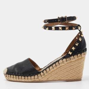 Pre Owned Valentino Black Leather Rockstud Wedge Espadrille Ankle Wrap Pumps Size 36