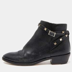 Pre Owned Valentino Black Leather Rockstud Ankle Boots Size 39