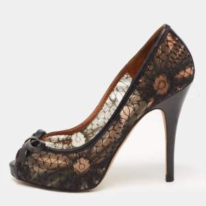 Pre Owned Valentino Black Lace and Leather Bow Peep Toe Pumps Size 39