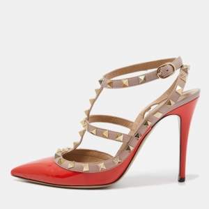 Pre Owned Valentino Orange/Pink Patent and Leather Caged Rockstud  Ankle Strap Pumps Size 39