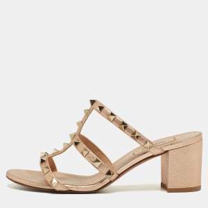 Pre Owned Valentino Rose Gold Leather Rockstud Slide Sandals Size 37