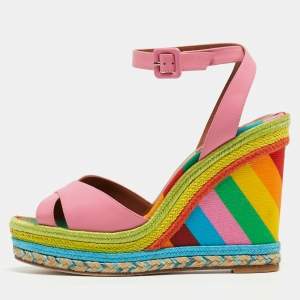 Pre Owned Valentino Pink Leather Criss Cross Wedge Platform Espadrille Ankle Wrap Sandals Size 40