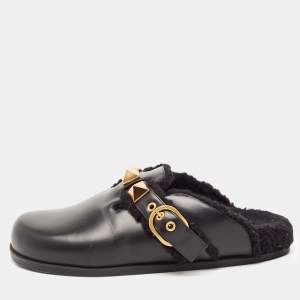 Pre Owned Valentino Black Leather Roman Stud Buckle Detail Flat Mules Size 38.5
