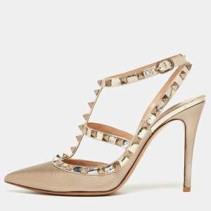 Pre Owned Valentino Metallic Gold Leather Rockstud Embellished Ankle Strap Sandals Size 39.5
