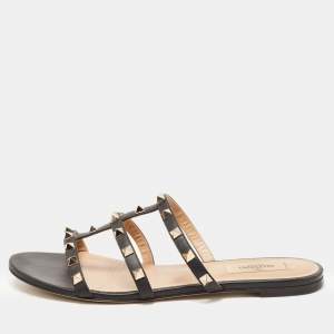 Pre Owned Valentino Black Leather Rockstud Flat Slides Size 39.5