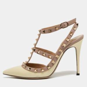 Pre Owned Valentino Cream Patent Leather Rockstud Ankle Strap Pumps Size 36